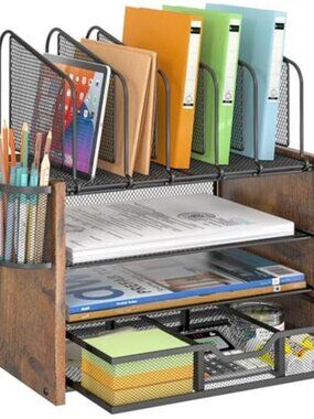 Wood Desk Organizer File Holder Tiered Shelf Drawer Office Storage Rack